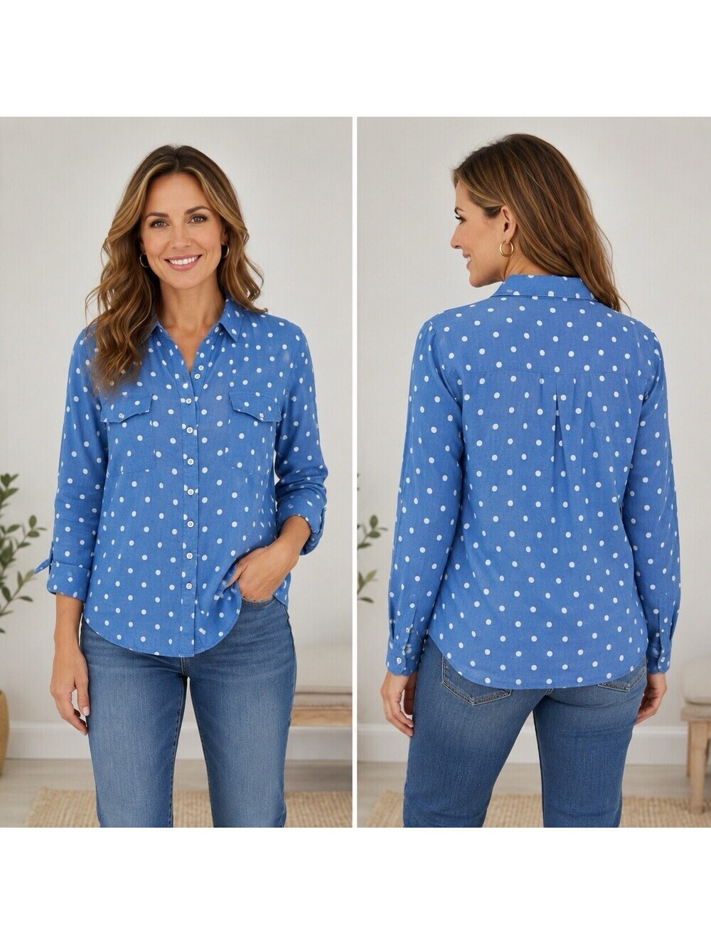 Talbots Blue Chambray Polka Dot Button Down Shirt Petite Large LP Long Sleeve